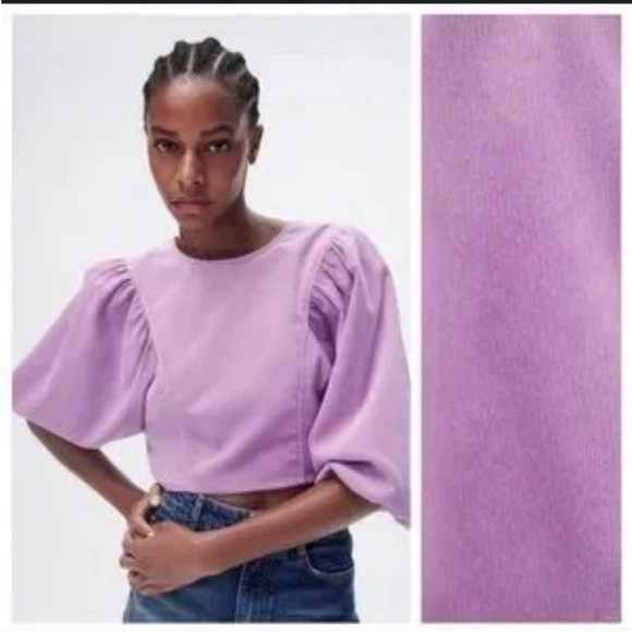 Zara Lilac Corduroy Volume Sleeve Crop Top - Picture 1 of 7